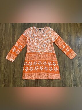 Simi Long Sleeve Orange Floral Embroidered Tunic Dress Women’s Size Large Cotton